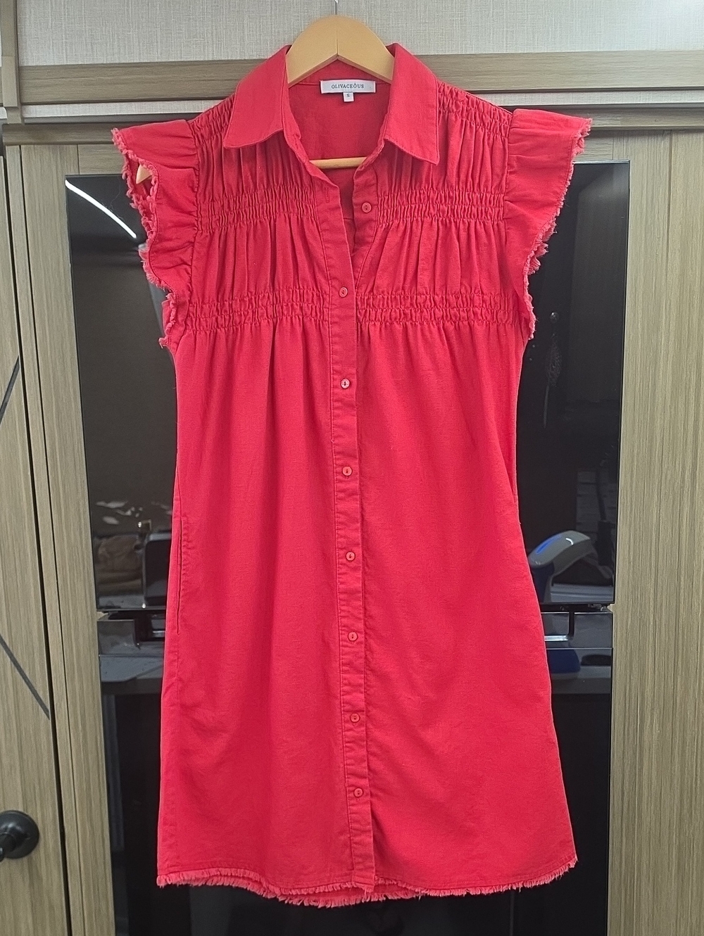 🫜OLIVACEOUS", RED BUTTON UP SHIFT MIDI DRESS" 🫜